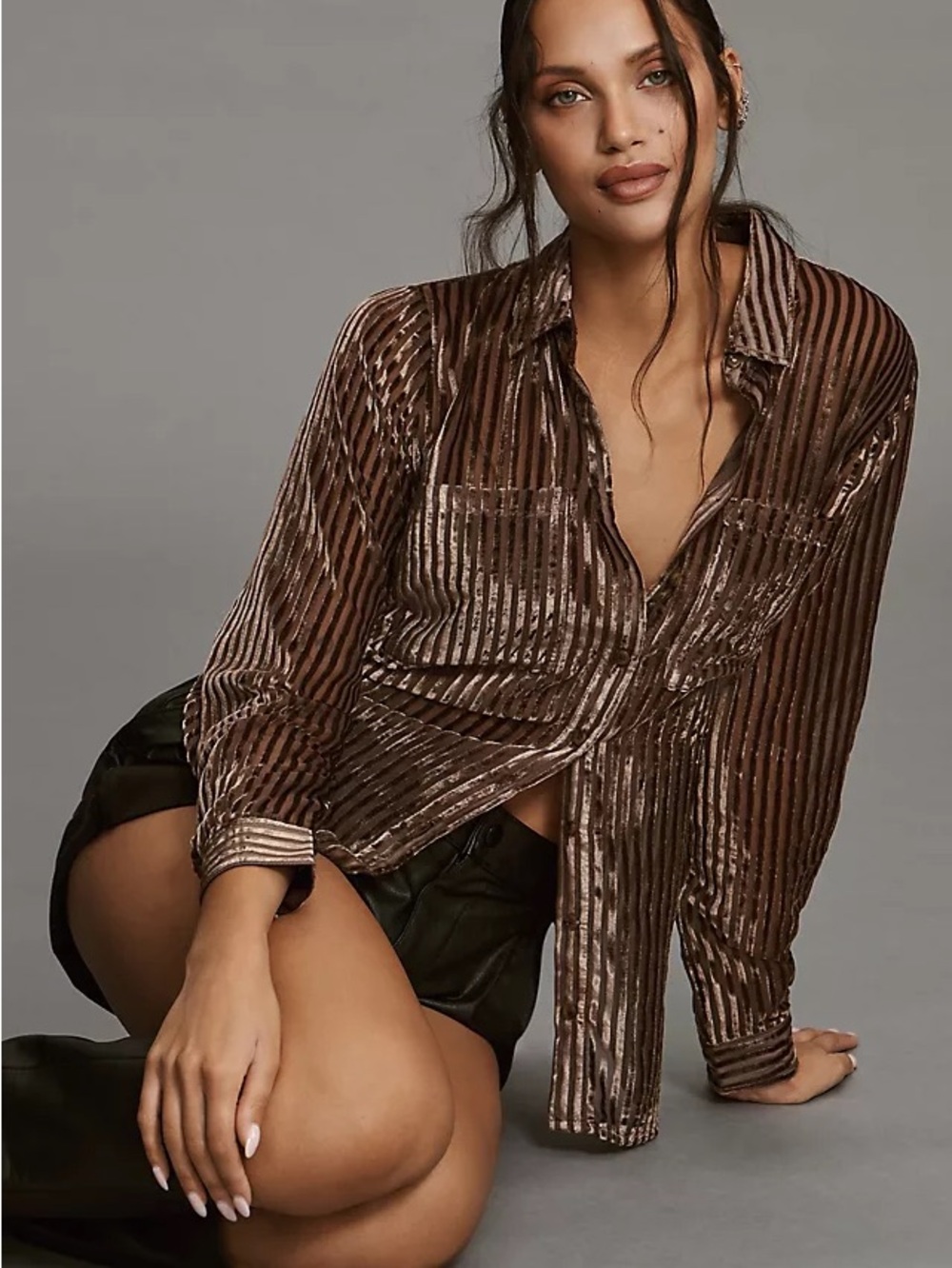Velvet Stripe Button-Down Shirt - Brown